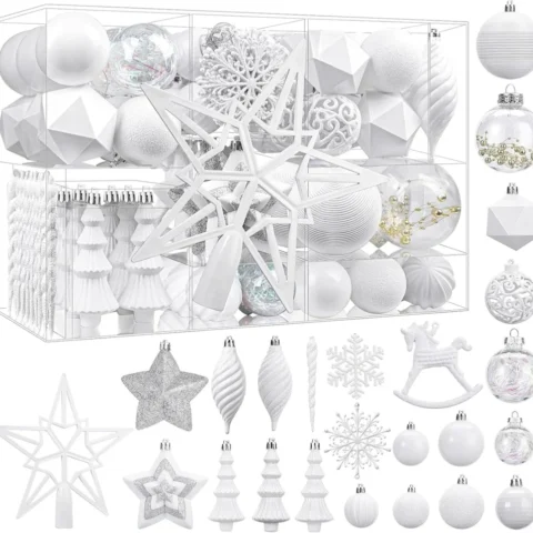 Set of 100 shatterproof white tree baubles, shiny and matte