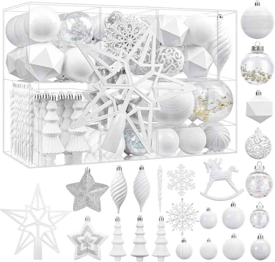 Set of 100 shatterproof white tree baubles, shiny and matte