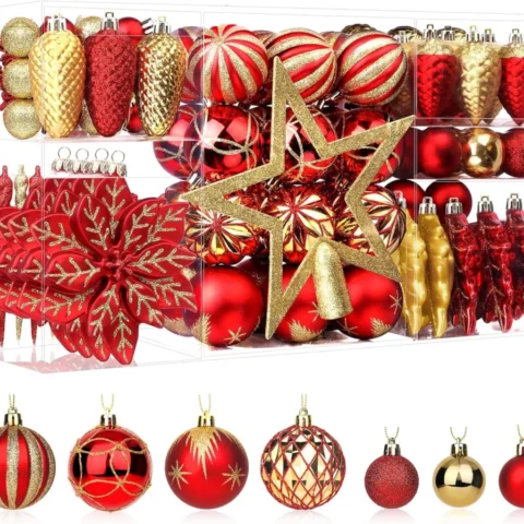 Set of 106 shatterproof red and gold baubles in mixed sizes