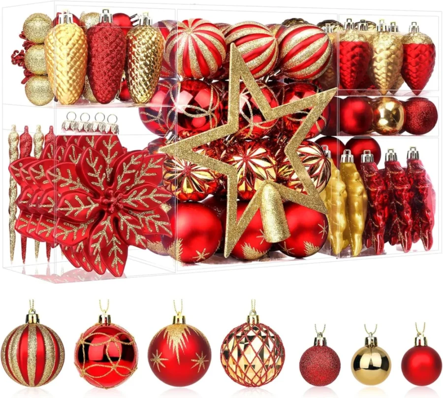 Set of 106 shatterproof red and gold baubles in mixed sizes