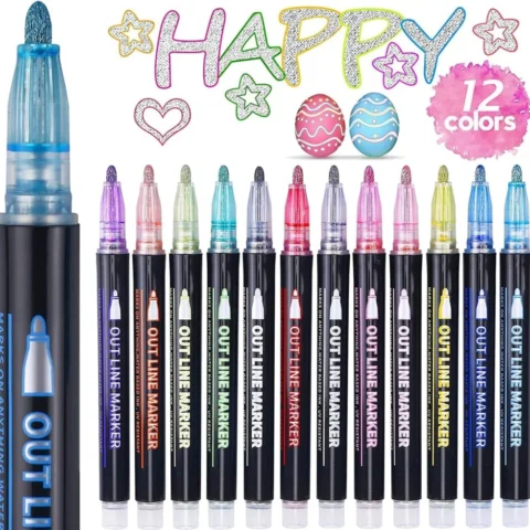 Set of 12 double-line glitter outline pens in metallic colours