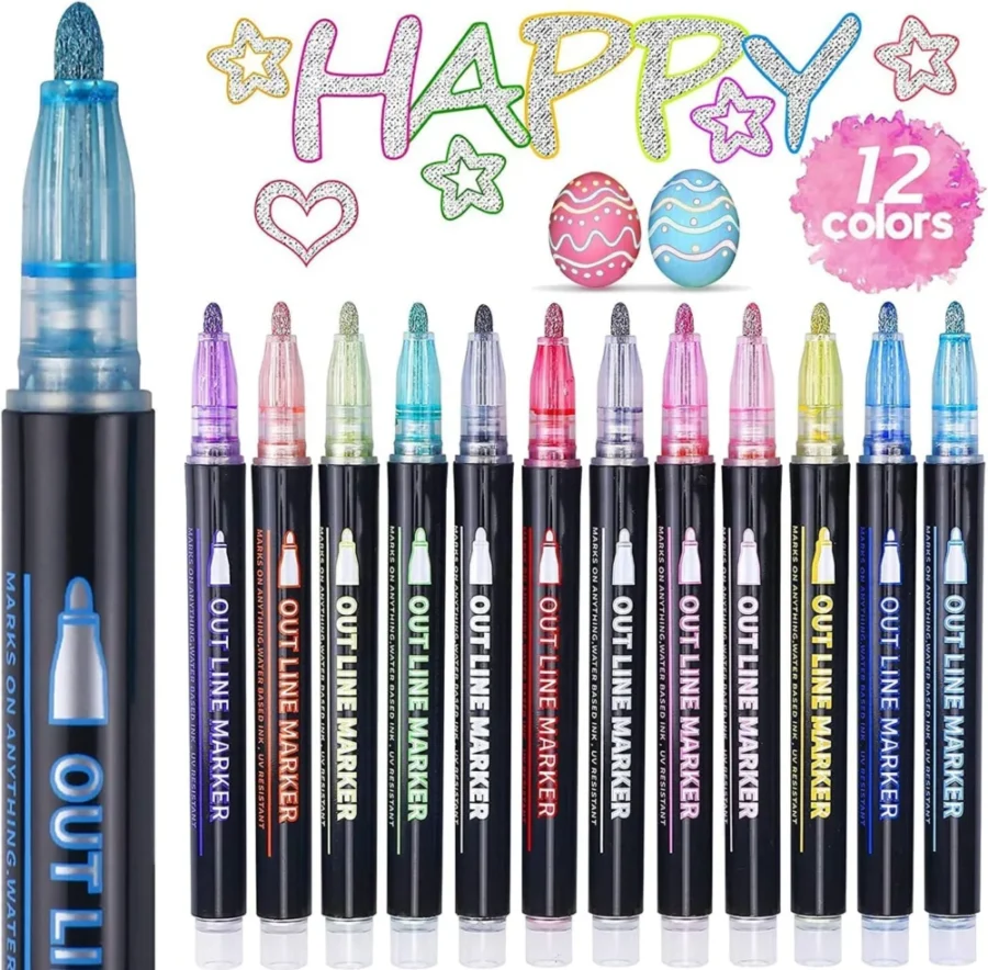 Set of 12 double-line glitter outline pens in metallic colours
