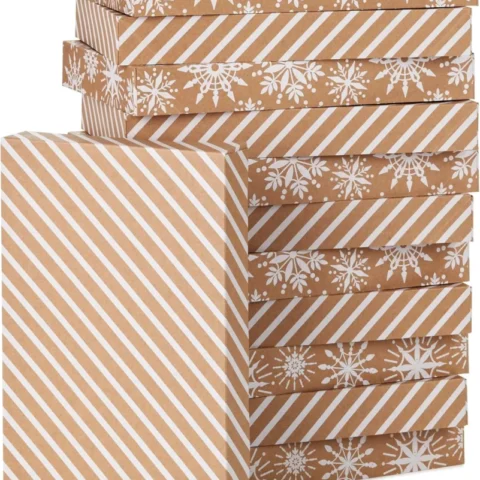 Set of 12 kraft shirt boxes with lids, snowflake and stripe print