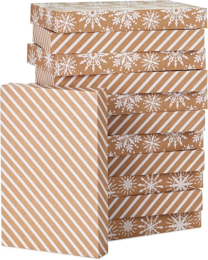 Set of 12 kraft shirt boxes with lids, snowflake and stripe print