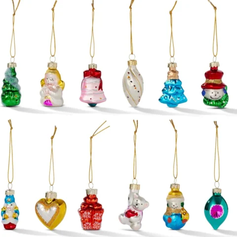 Set of 12 mini glass baubles, 5 cm, vintage-style designs