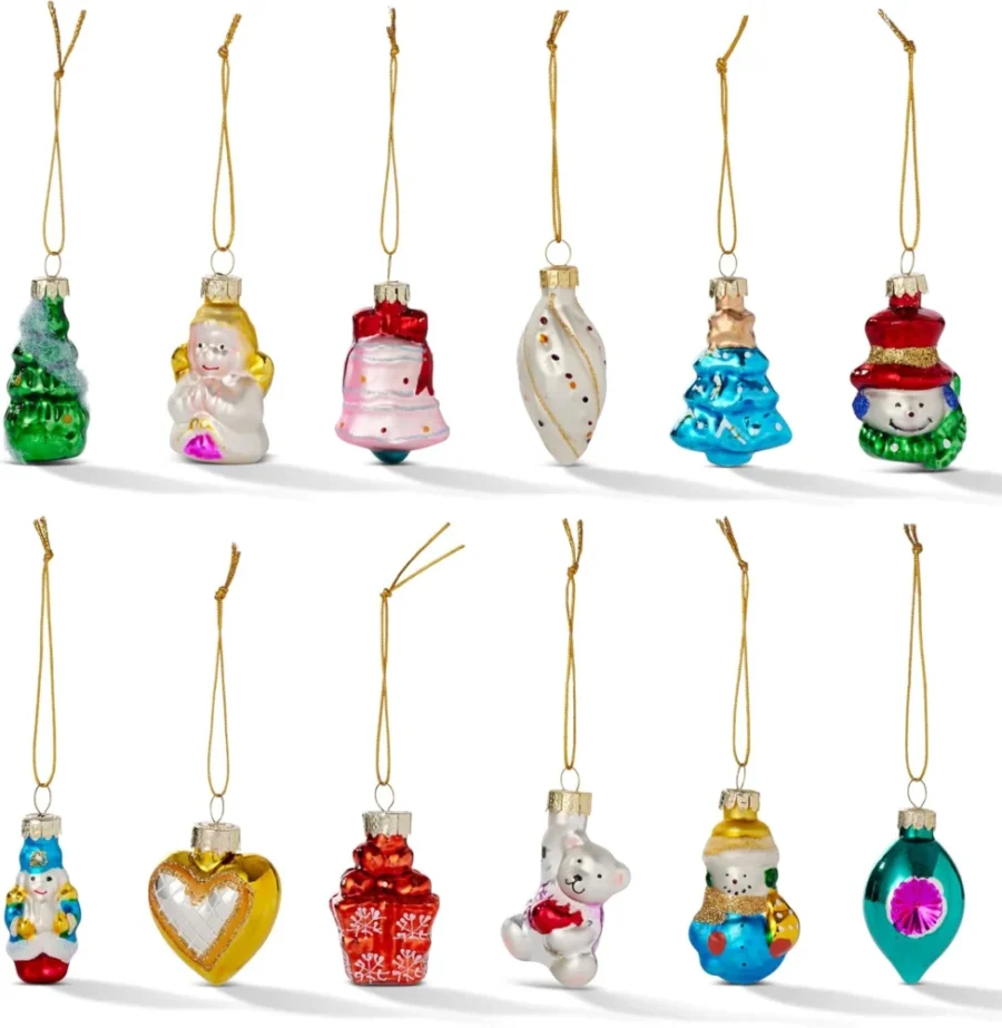 Set of 12 mini glass baubles, 5 cm, vintage-style designs