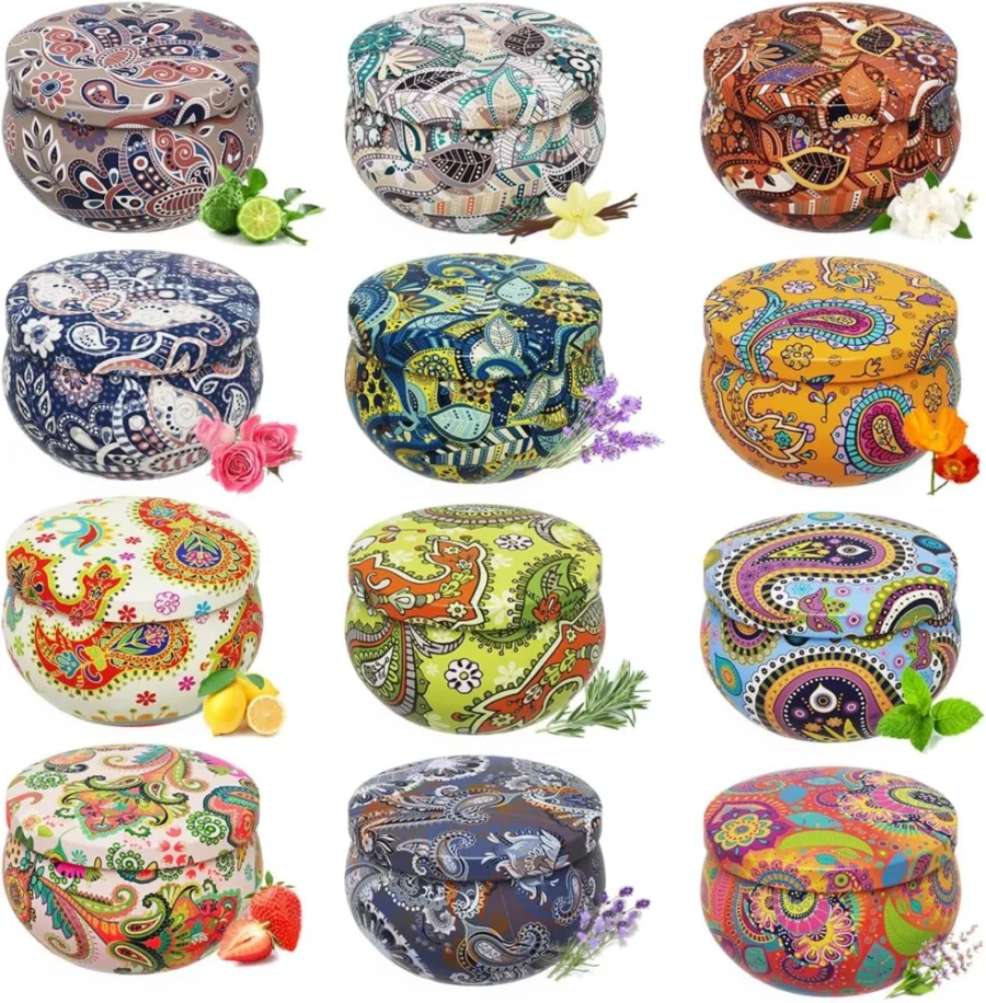 Set of 12 soy wax candles in travel tins, 12 scents, gift boxed