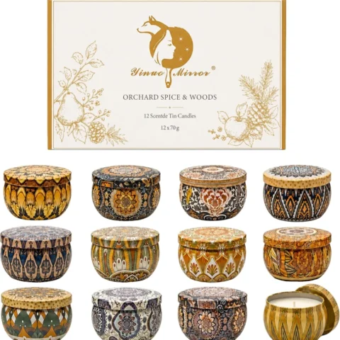 Set of 12 soy wax tin candles in autumn and winter scents, 70 g each