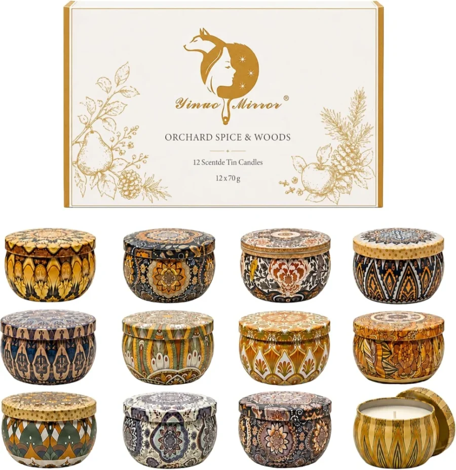 Set of 12 soy wax tin candles in autumn and winter scents, 70 g each