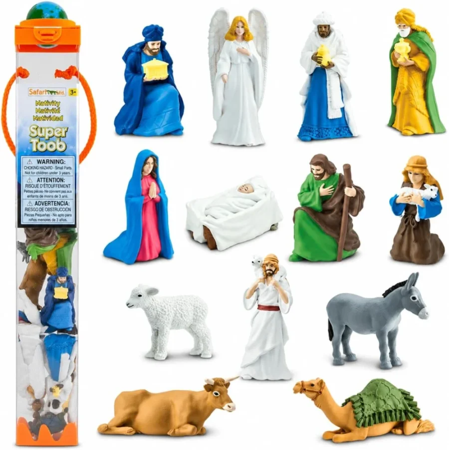Set of 13 painted nativity figurines in a 33 cm tube