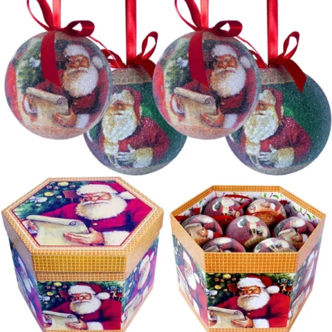 Set of 14 Santa decoupage baubles in gift box, red and green, 7.5 cm