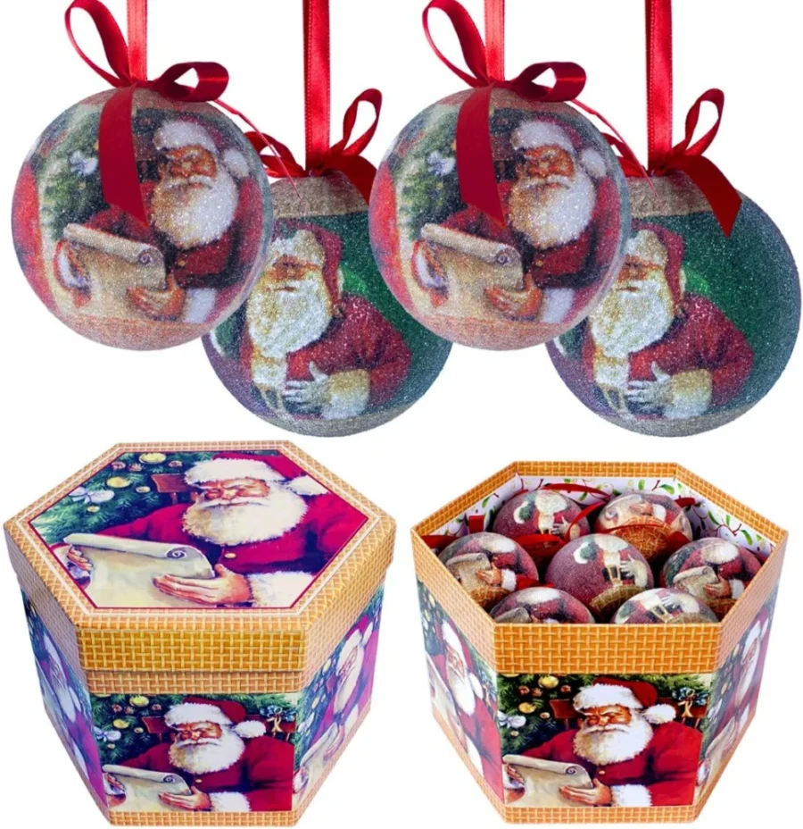 Set of 14 Santa decoupage baubles in gift box, red and green, 7.5 cm