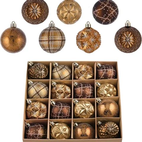 Set of 16 shatterproof 6 cm baubles, copper brown and gold