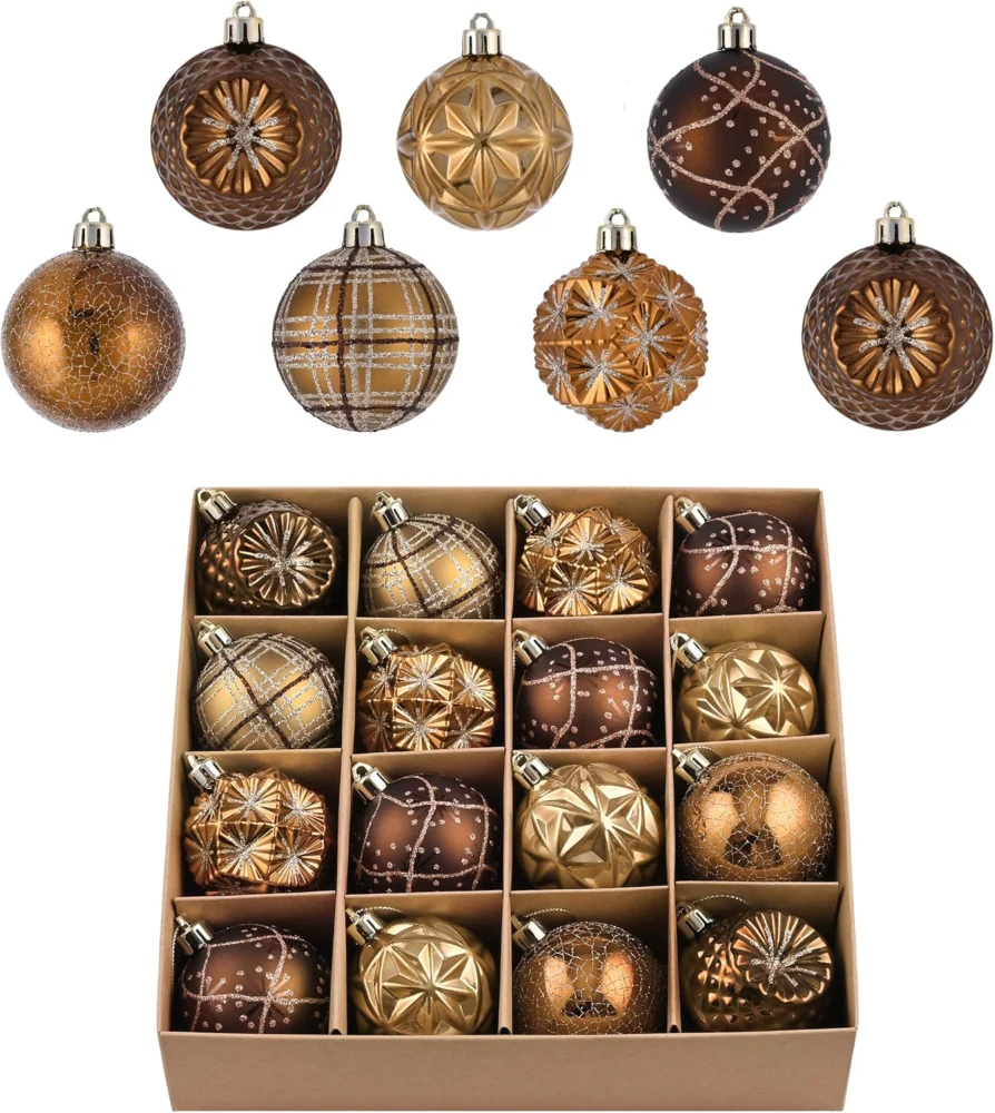 Set of 16 shatterproof 6 cm baubles, copper brown and gold