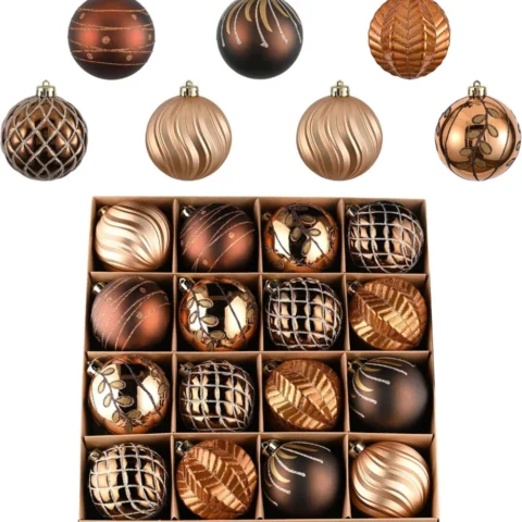 Set of 16 shatterproof baubles in bronze, copper and gold, 8 cm