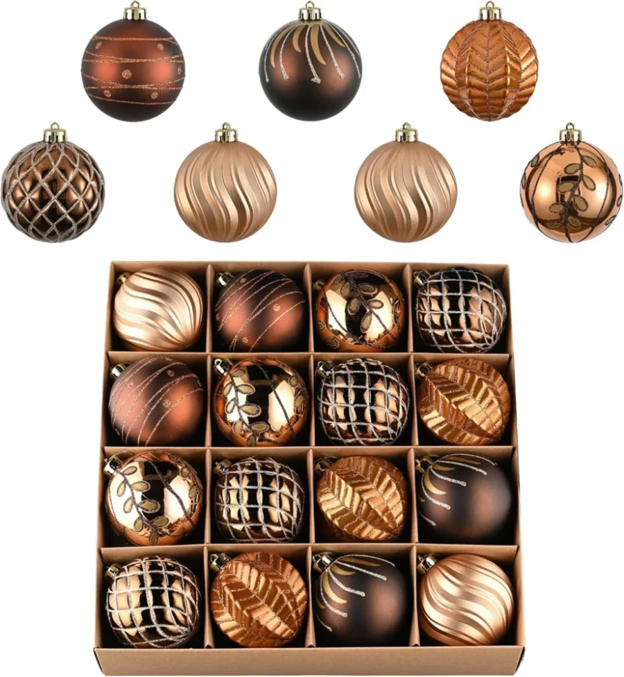 Set of 16 shatterproof baubles in bronze, copper and gold, 8 cm