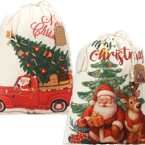 Set of 2 canvas Christmas drawstring bags with tags, 60 x 50 cm