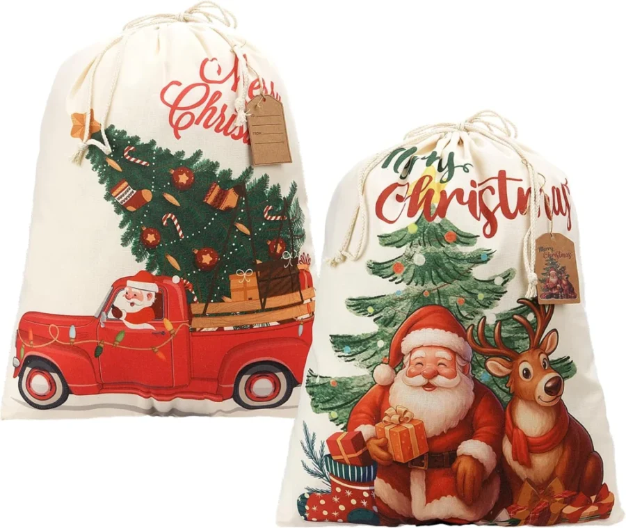 Set of 2 canvas Christmas drawstring bags with tags, 60 x 50 cm