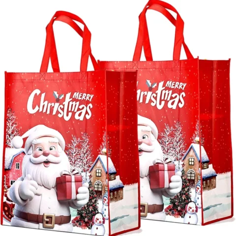 Set of 2 extra large red Christmas tote bags, 50 x 40 cm