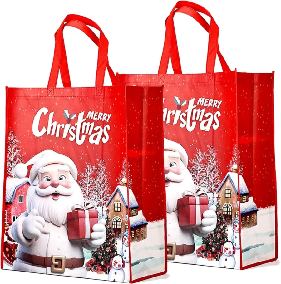 Set of 2 extra large red Christmas tote bags, 50 x 40 cm