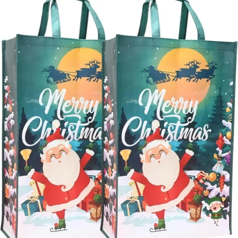 Set of 2 green Christmas tote bags with handles, 60 x 40 cm