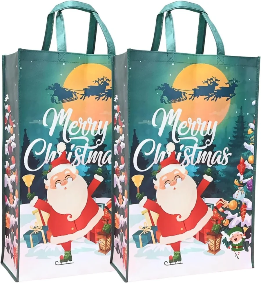Set of 2 green Christmas tote bags with handles, 60 x 40 cm