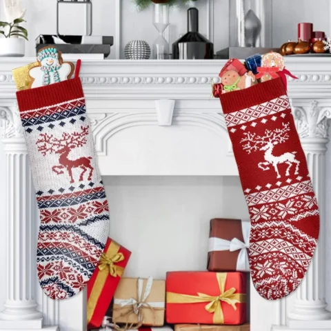 Set of 2 knitted red and white reindeer stockings, 46 cm