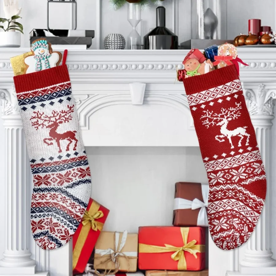 Set of 2 knitted red and white reindeer stockings, 46 cm