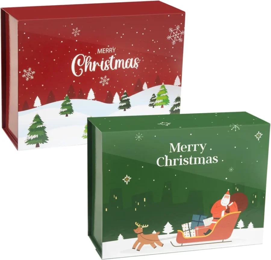 Set of 2 magnetic Christmas gift boxes, red and green, 21 x 18 cm