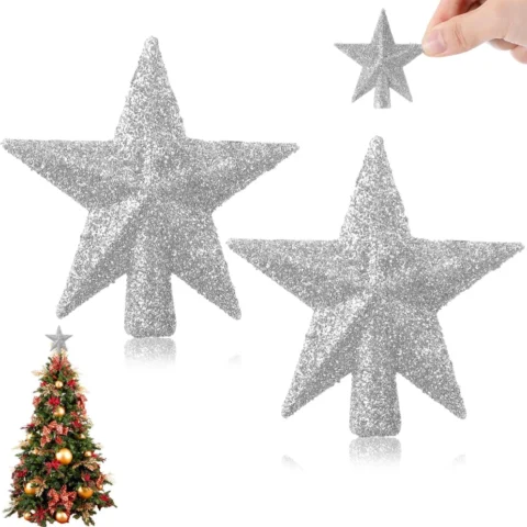 Set of 2 mini silver glitter star tree toppers, 6 cm, plastic
