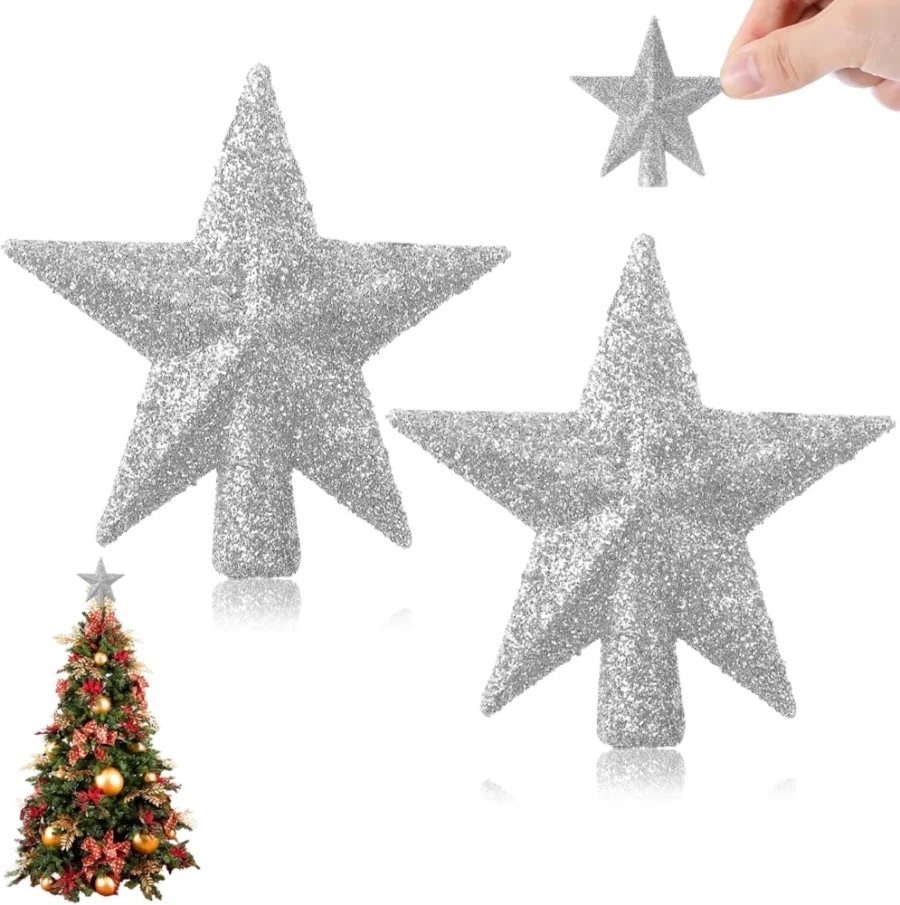 Set of 2 mini silver glitter star tree toppers, 6 cm, plastic