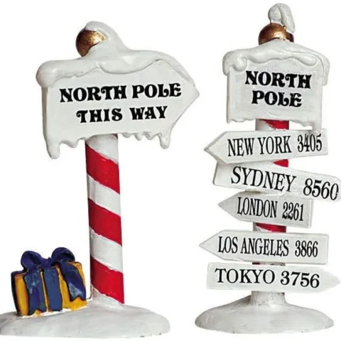 Set of 2 North Pole signs for a Christmas village, in resin