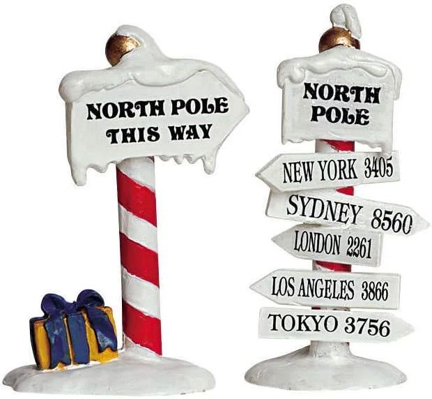 Set of 2 North Pole signs for a Christmas village, in resin