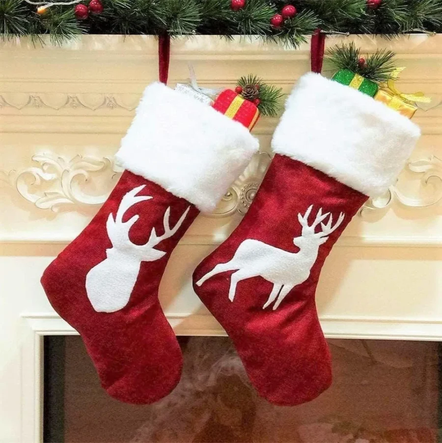 Set of 2 red flannel Christmas stockings with faux fur cuffs, 45 cm