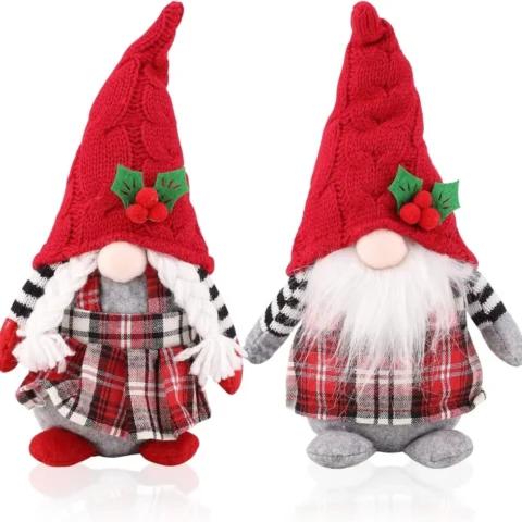 Set of 2 red plaid knitted gnomes with braids, 27 cm tall