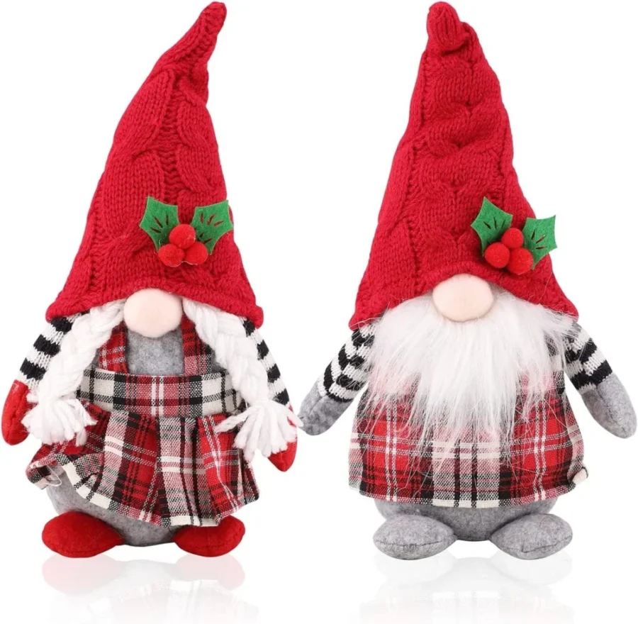 Set of 2 red plaid knitted gnomes with braids, 27 cm tall