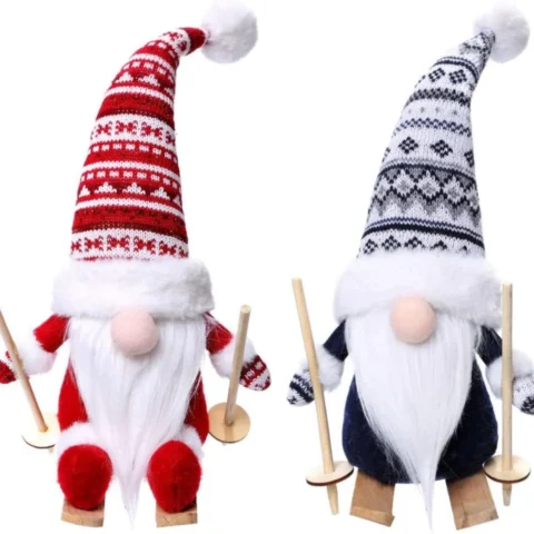 Set of 2 skiing gnomes with wooden skis and poles, 35 cm tall