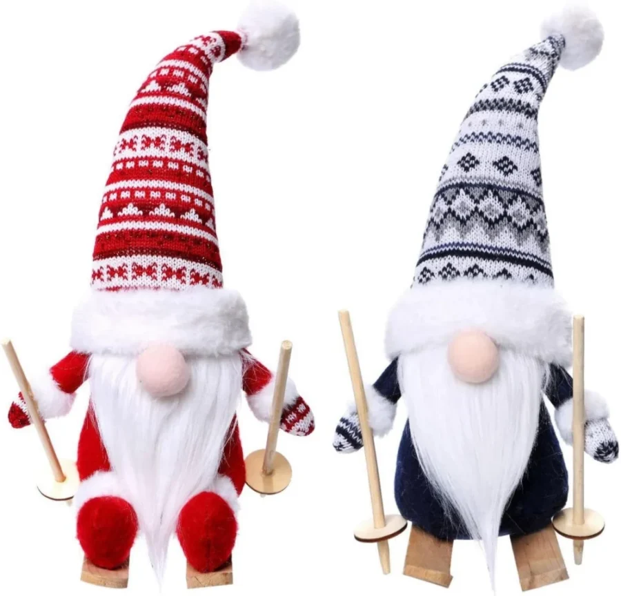 Set of 2 skiing gnomes with wooden skis and poles, 35 cm tall