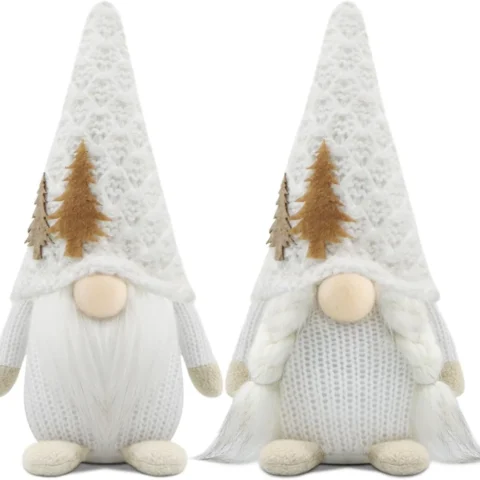 Set of 2 small white plush gnomes with long beards and braids