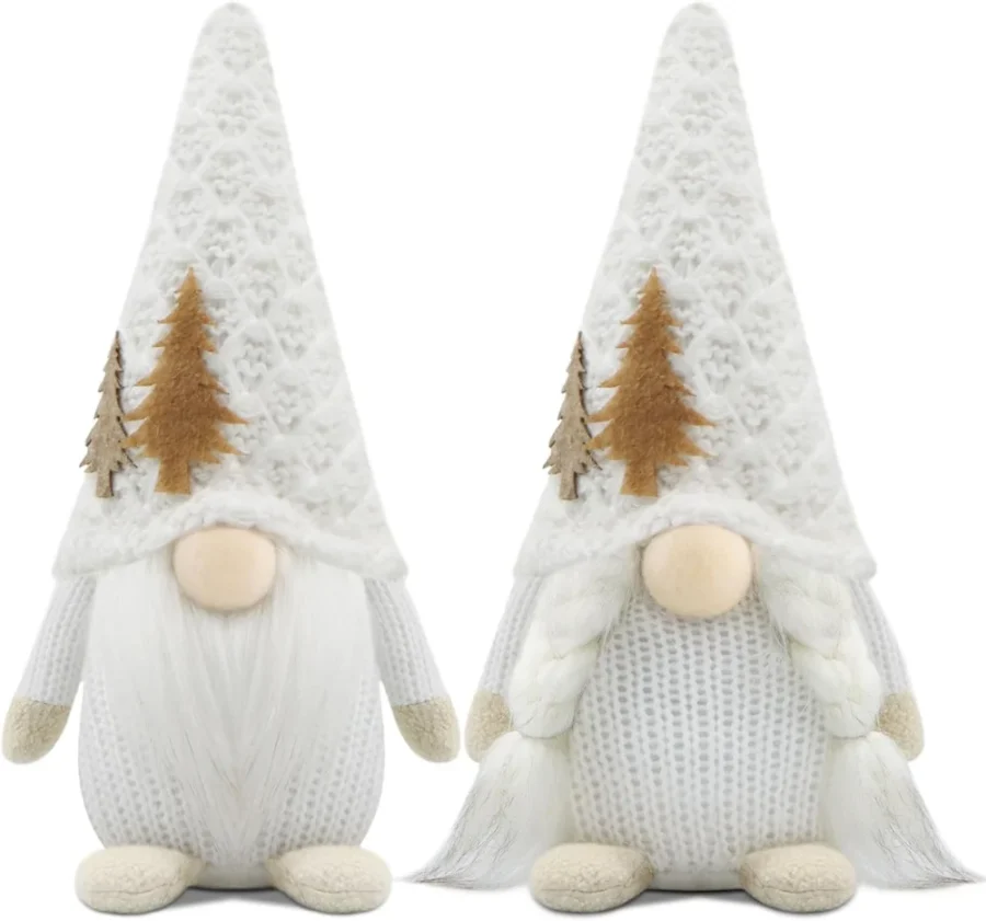 Set of 2 small white plush gnomes with long beards and braids