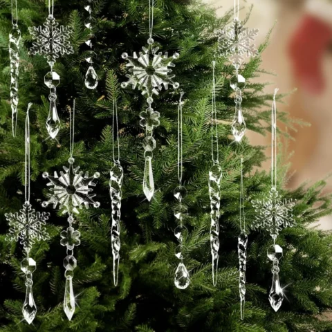 Set of 20 clear acrylic snowflake and icicle hanging ornaments
