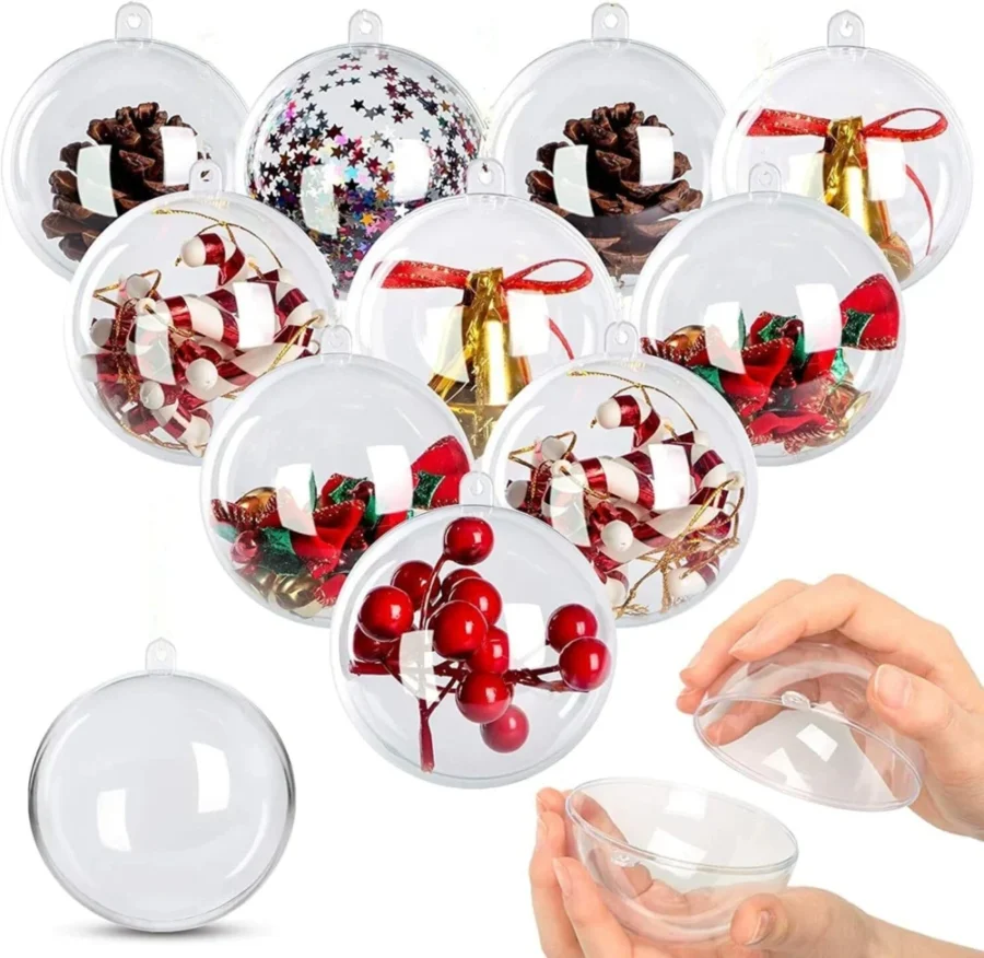 Set of 20 clear fillable baubles, 8 cm, snap-together halves