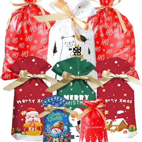 Set of 28 drawstring Christmas gift bags in 3 sizes, PEVA
