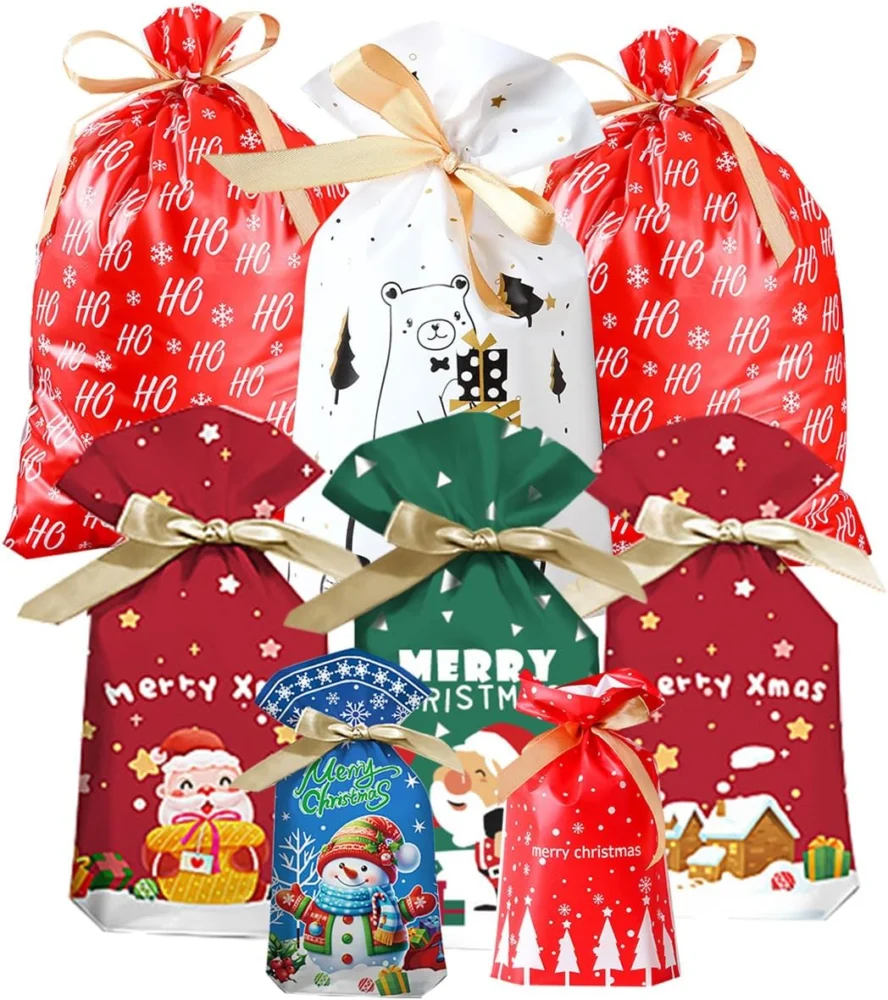 Set of 28 drawstring Christmas gift bags in 3 sizes, PEVA