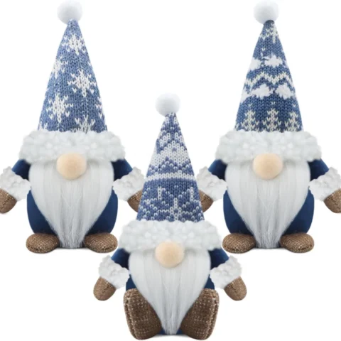 Set of 3 blue plush farmhouse gonks with braids, 17.8 cm long