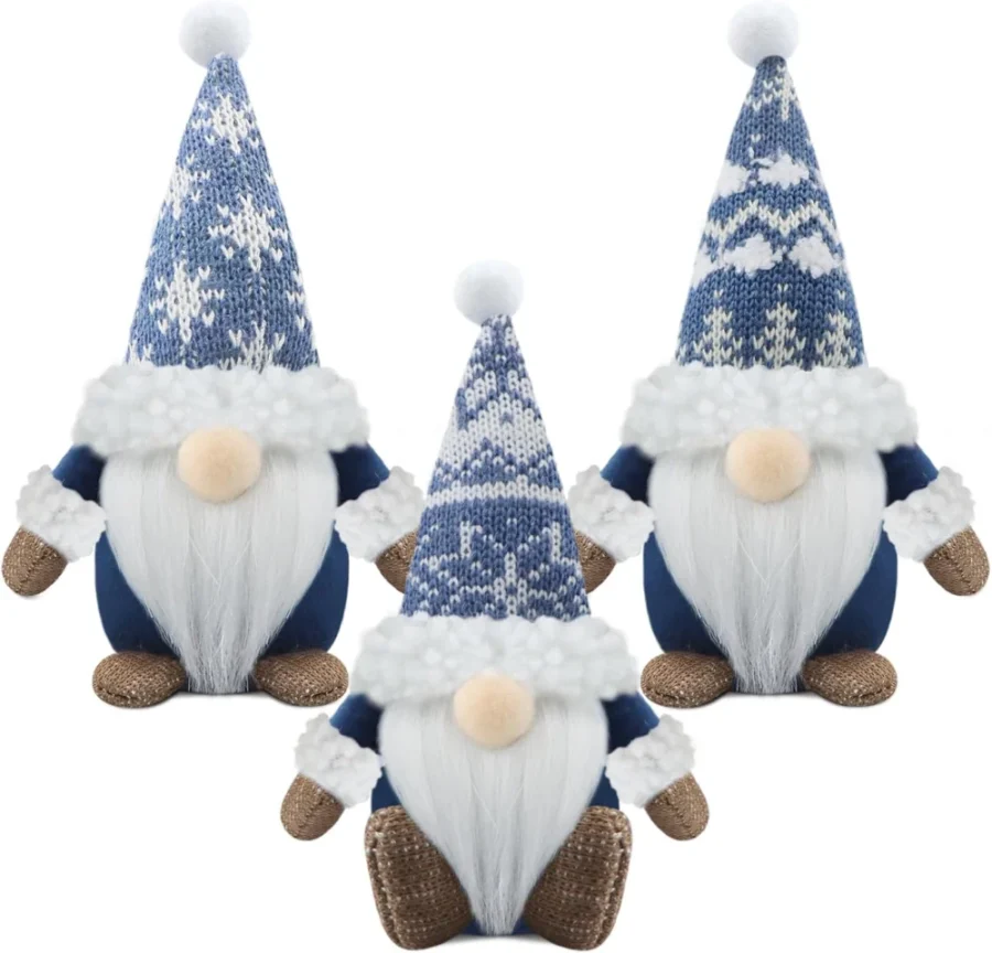 Set of 3 blue plush farmhouse gonks with braids, 17.8 cm long