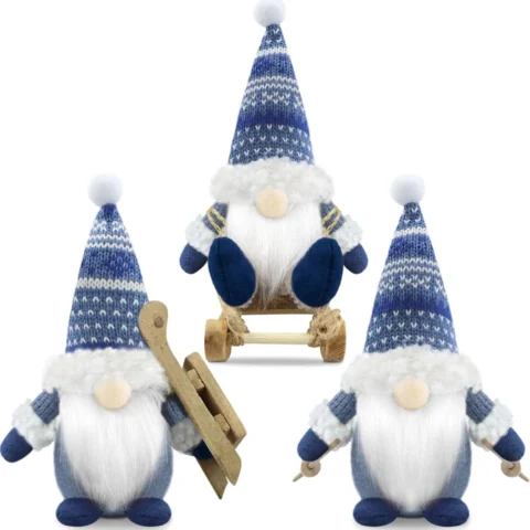 Set of 3 blue Scandinavian Christmas gonks with faux fur beards