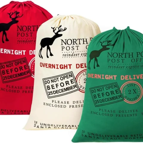 Set of 3 canvas Santa sacks in red, green and white, 70 x 50 cm