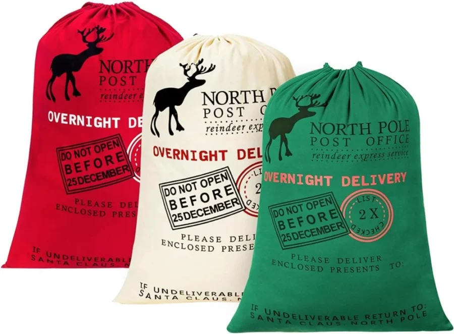 Set of 3 canvas Santa sacks in red, green and white, 70 x 50 cm