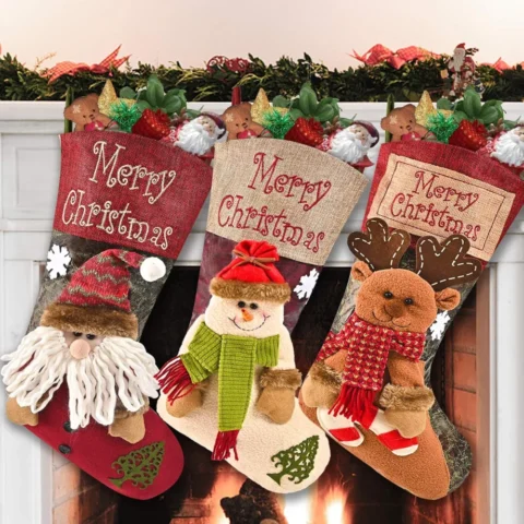 Set of 3 flannel Christmas stockings, Santa, snowman and reindeer